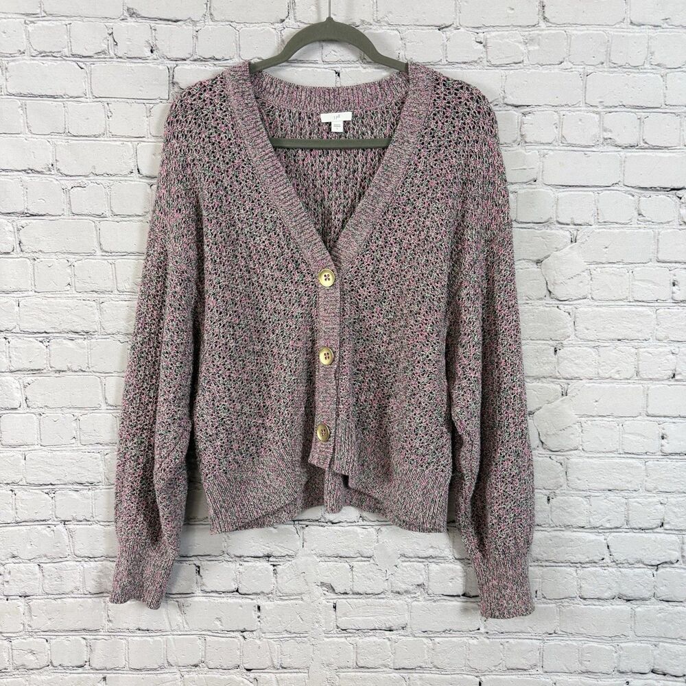 J Jill Textured Open Loose Knit V-Neck Cardigan Sweater Womens L Cotton Cozy